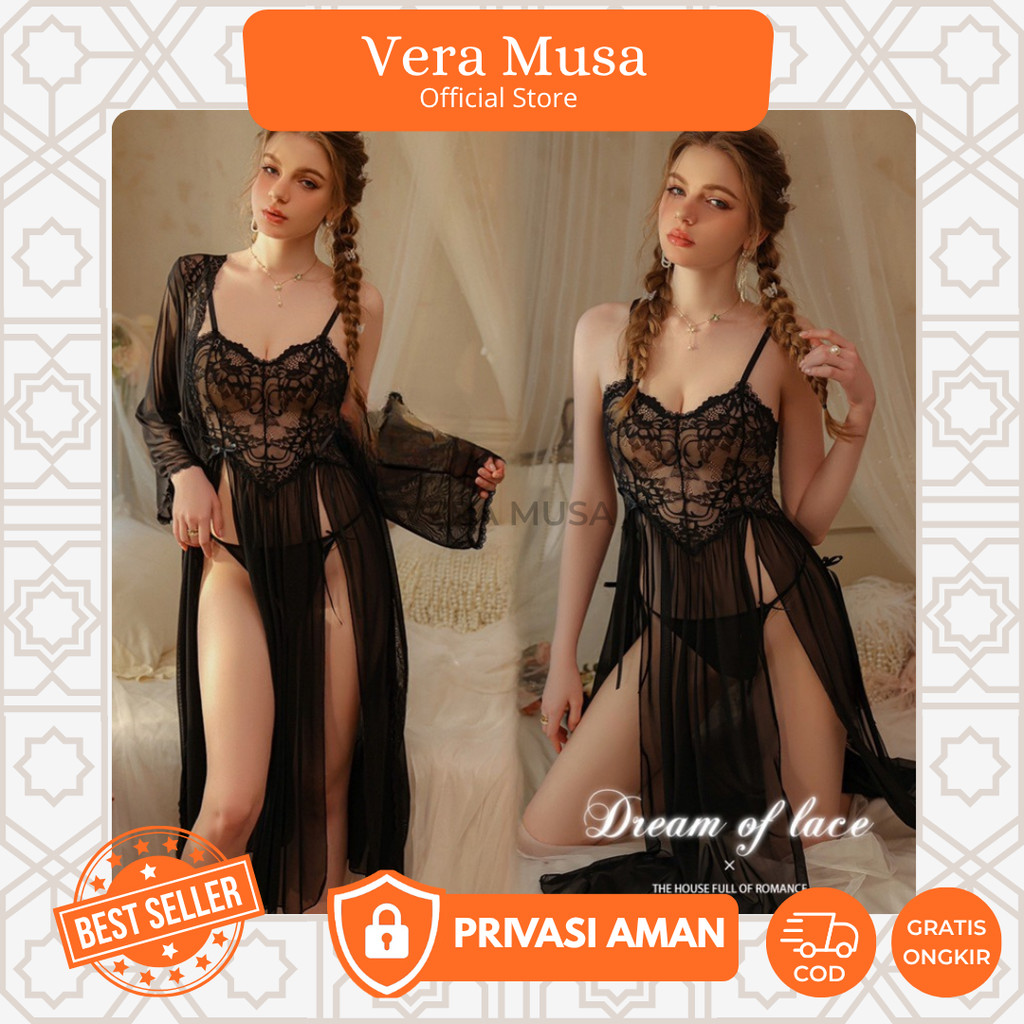 VERA VV220 Baju Tidur Setelan Set Kimono Transparan Long Dress Dinas Malam Seserahan Wanita