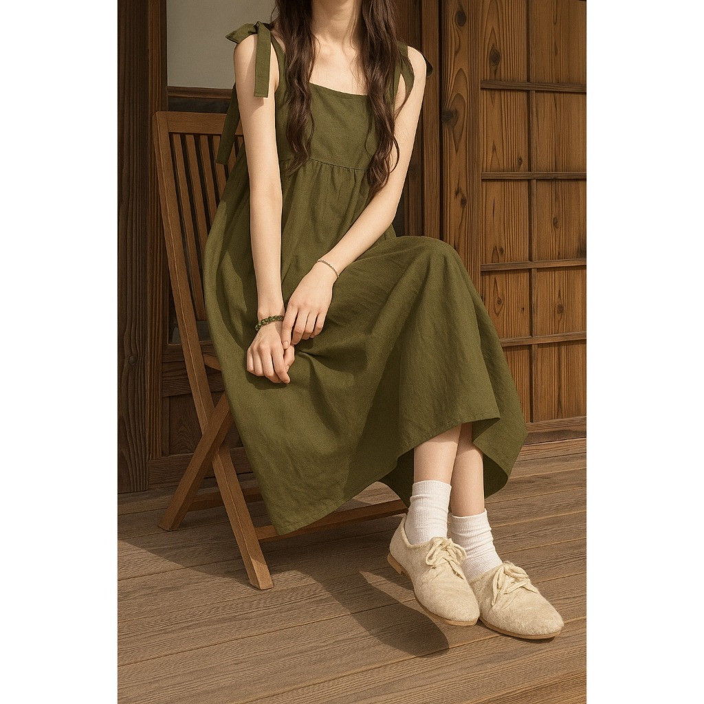 MIDI TIED DRESS Wanita - Dress Maxi Serut Pinggang Slim Fit Elegant Korean Style