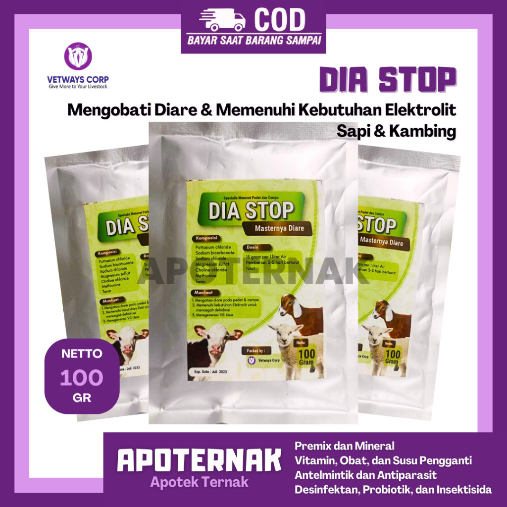 DIA STOP 100 gr ORI - Obat Diare Mencret Dehidrasi Ternak Sapi Kambing Domba Pedet Cempe