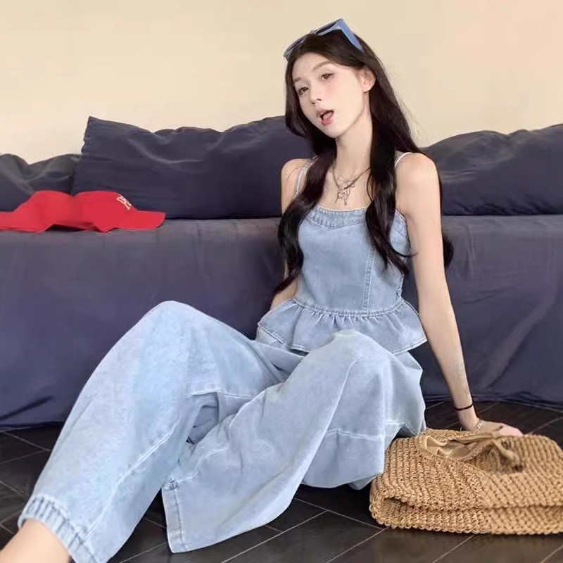 Set Baru Atasan Camisole Wanita Celana Lebar Denim Set Dua Potong Gaya Korea