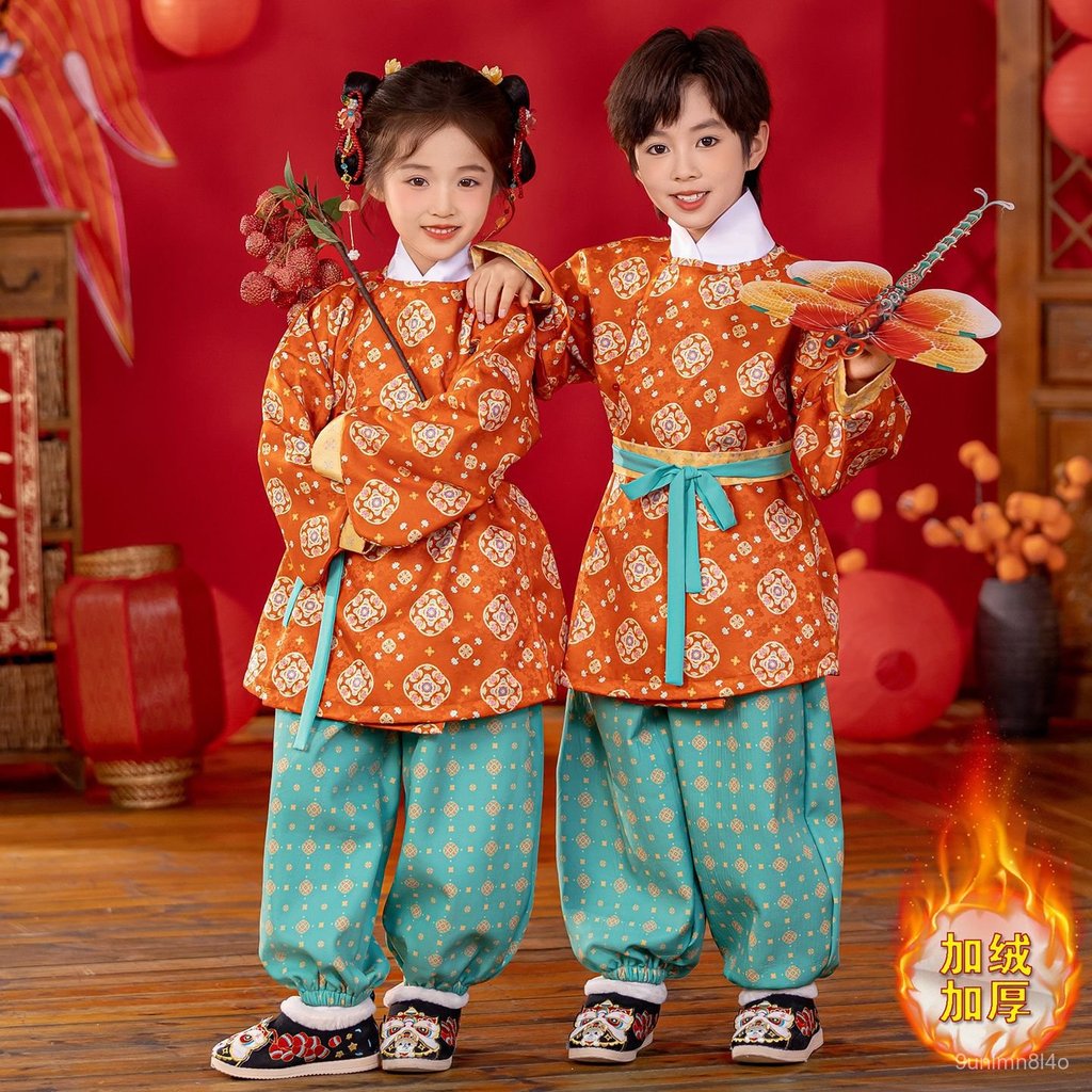 Baju Imlek Seragam Keluarga Murah Pakaian Anak Hanfu Baju Bulat Lengan Pendek Setelan Tebal