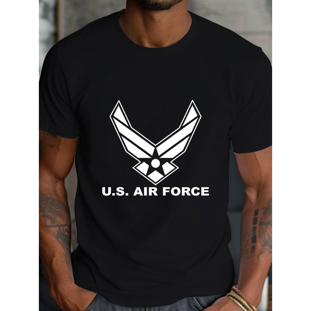 Kaos Pria Katun Combed Logo Angkatan Udara AS - Motif Hitam Putih, Lengan Pendek Santai Musim Panas