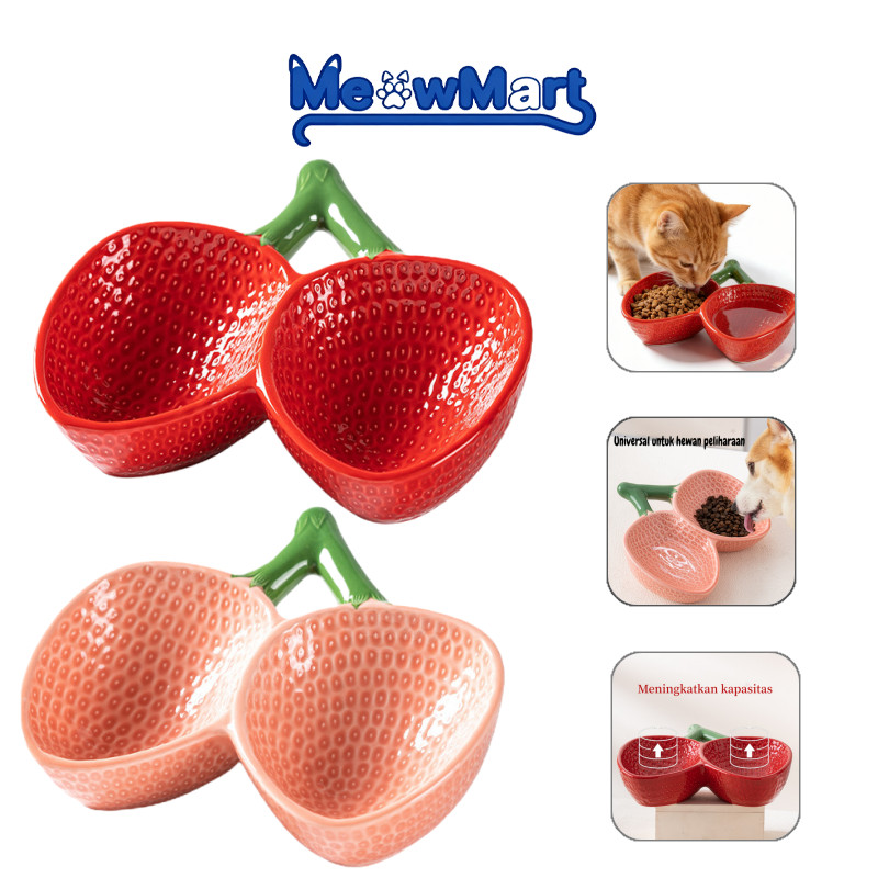 MeowMart Mangkok Kucing Keramik Mangkuk Hewan Peliharaan Stroberi Ceramic Pet Bowl Feeder Mangkuk He