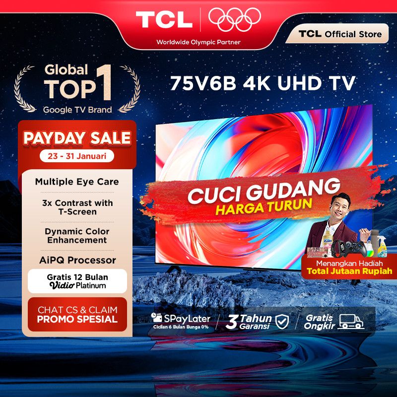 [4K Big Google TV] TCL 75 Inch V6B - Smart UHD - T-Screen - Dolby Audio - HDR10 - AiPQ Processor - D