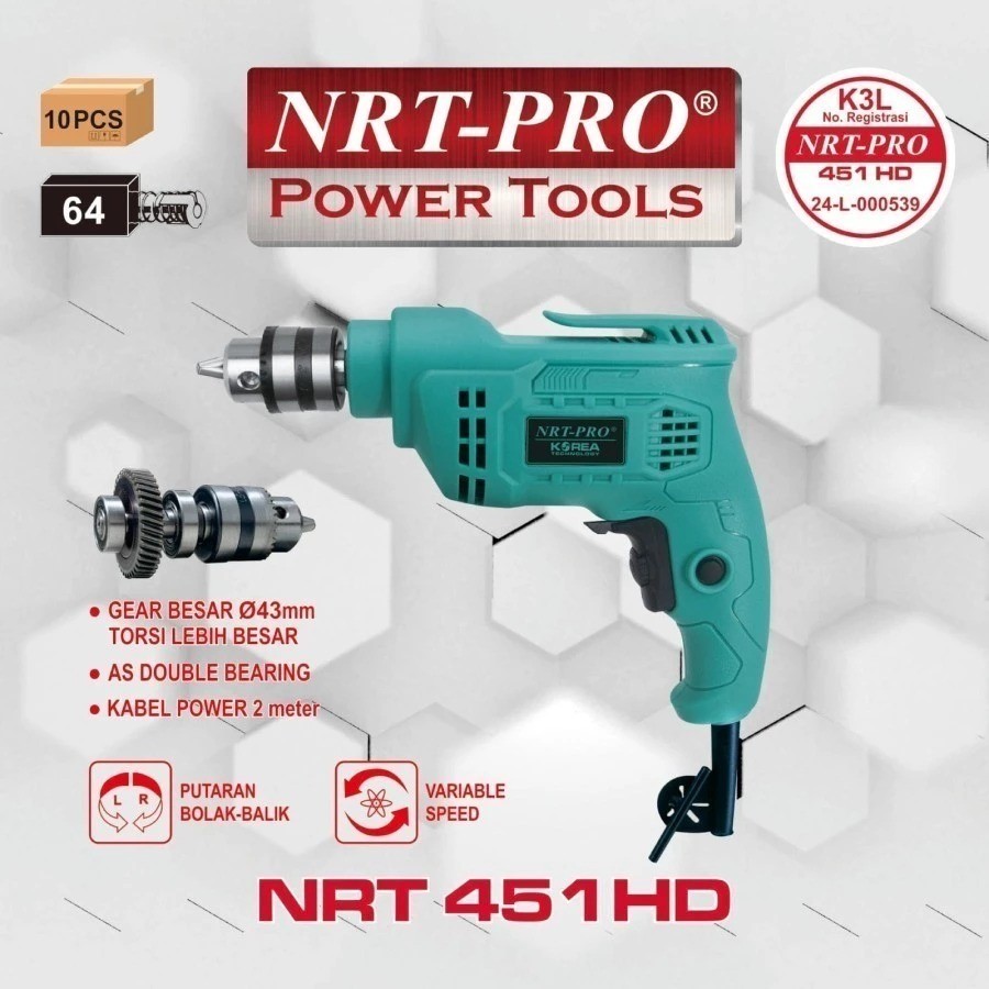 NRT PRO 451HD Mesin Bor Listrik 10 Mm Bolak Balik Gear Besar DOUBLE BEARING