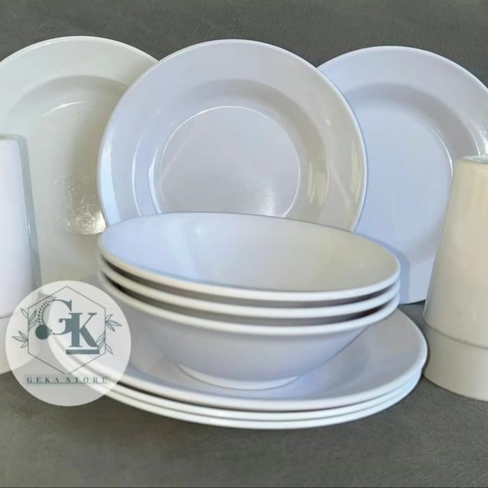 1 LUSIN PERALATAN MAKAN PIRING MANGKUK DAN GELAS BAHAN MELAMIN ASLI - Putih, 6 PCS