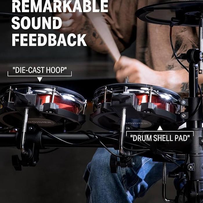 Donner DED-200 Max Drum Electrik dengan Mesh Head Level 2 Pro Feel 450 Suara 50 Lagu Bawaan dan Akse