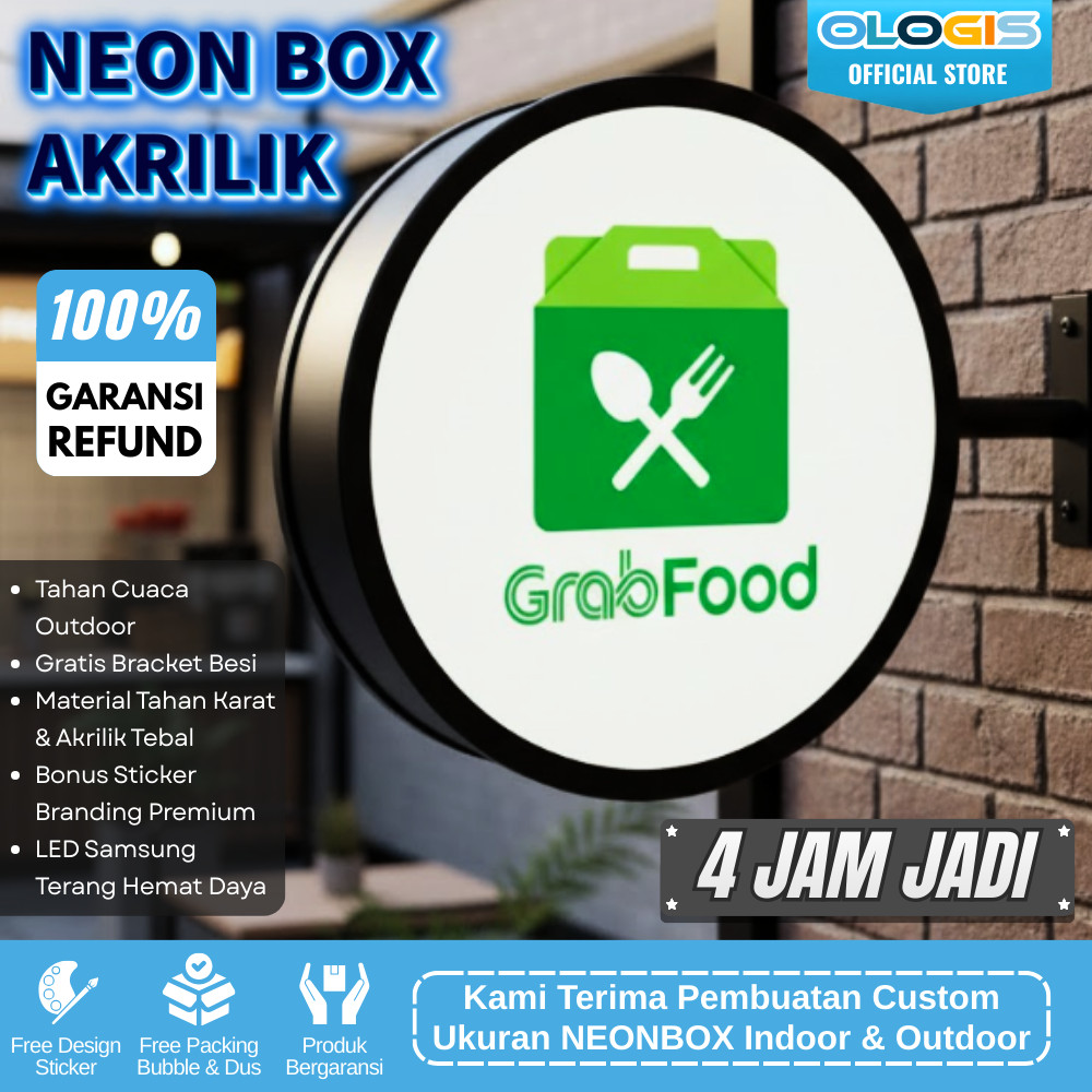 (INSTAN 4 JAM JADI) Neon Box Bulat Akrilik 2 Sisi 30 40 50 CM LED Custom Logo Papan Nama Toko Cafe