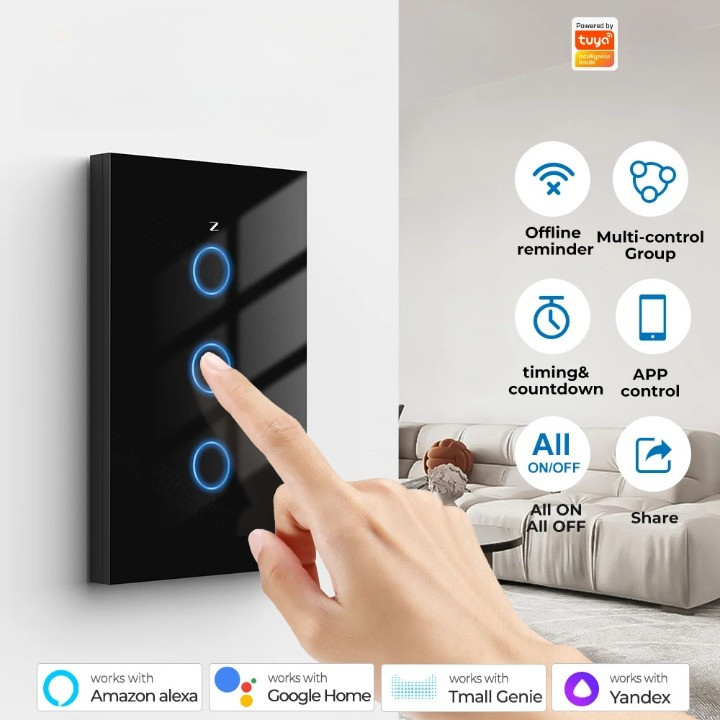 Saklar Lampu 1 2 3 Gang US Style Smart WiFi Realtime Online Control App Tuya Smart Life Alexa Google