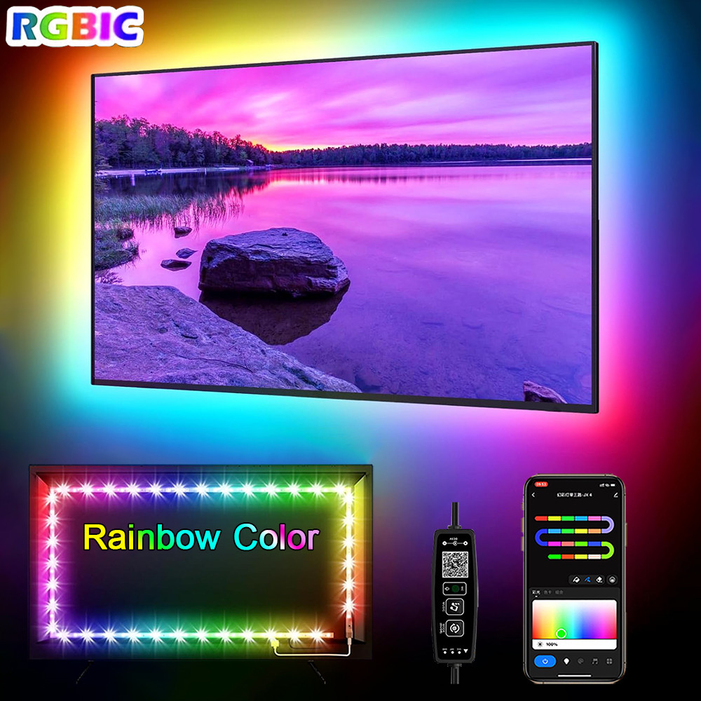 Lampu LED untuk TV, Kontrol Aplikasi, Sinkronisasi Musik, Efek RGBIC Rainbow Chasing, Lampu Strip LE