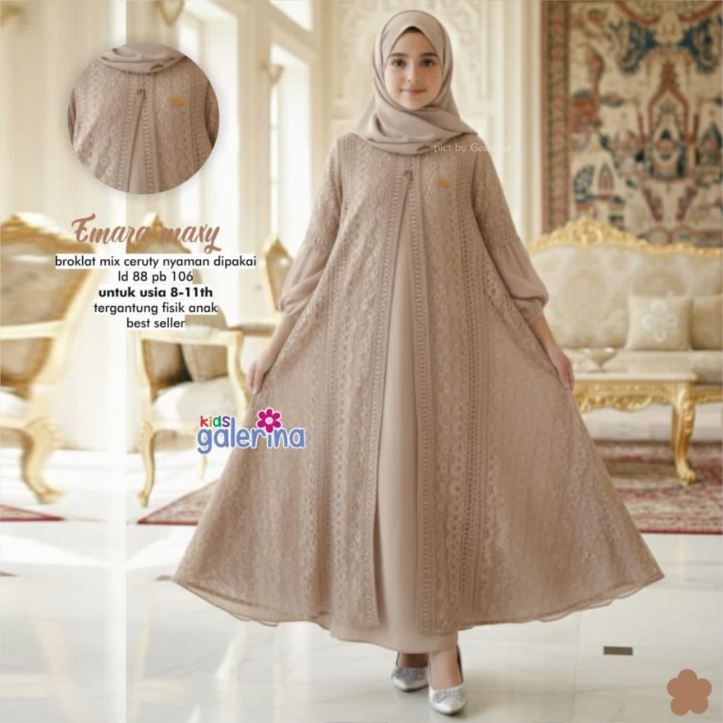 1202    Emara gamis outer brokat muslim anak perempuan by Galerina kids  pakaian anak premium raya  