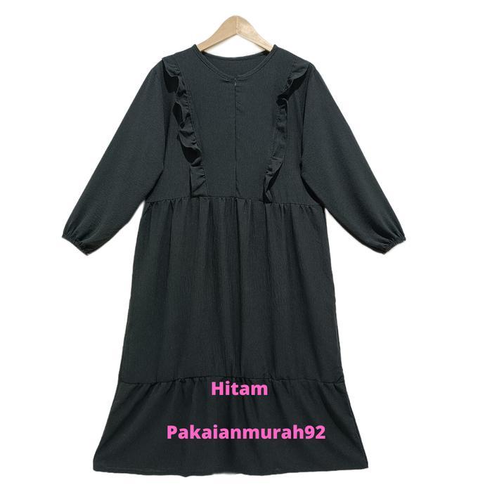 Promo MurahGamis Rempel Susun Polos Bahan Crinkle Airflow // Gamis Midi - Hitam Terlaris