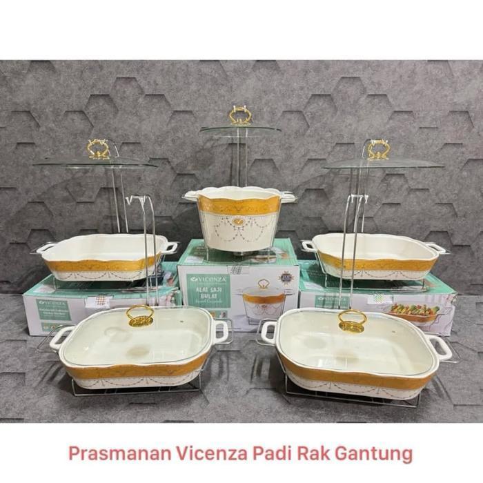 RAMADAN SALE - Vicenza Prasmanan Keramik Set 5 Rak Gantung Tutup Kaca Motif Padi / Lily - Padi