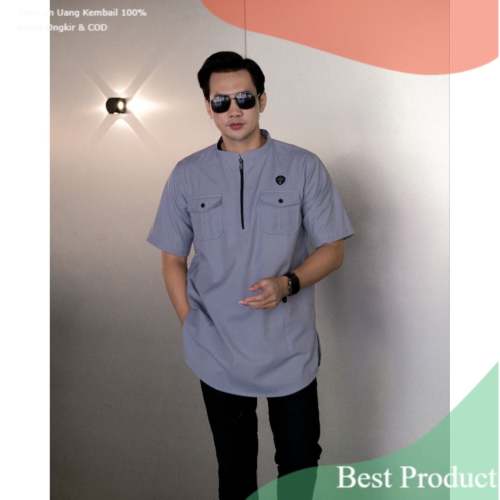 Ilnaaf Baju Koko Kurta Lengan Pendek Resleting- pakaian pria lainnya