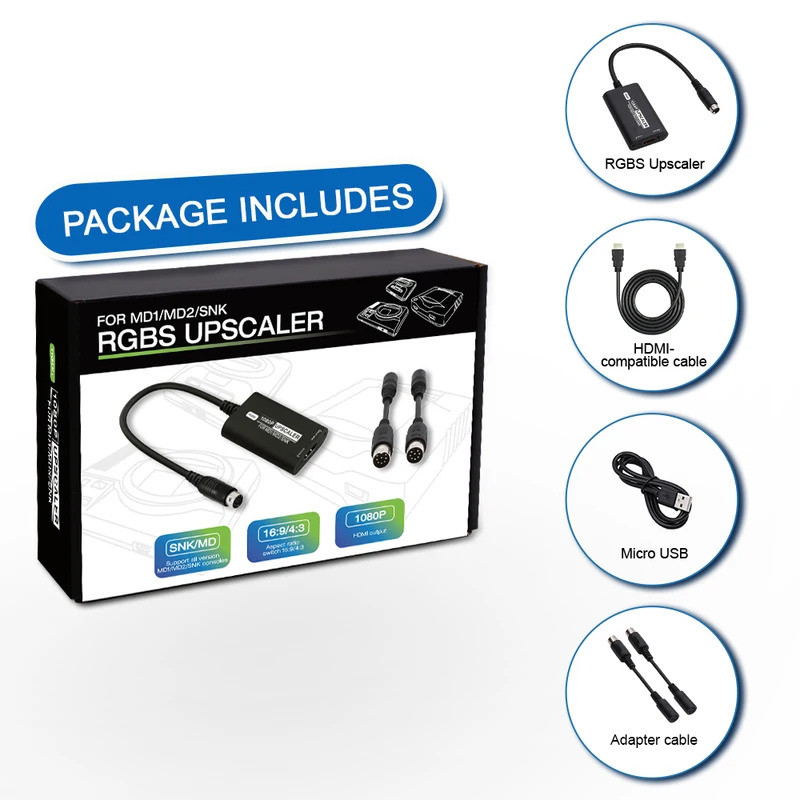 RGBS Upscaler For SEGA MD1 MD2 SNK Game Console 1080P HDMI Converter Adapter with 16:9/4:3 Aspect Ra