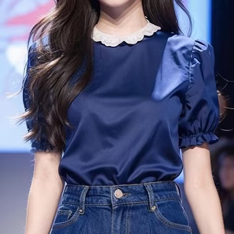 Blus wanita Kemeja lengan pendek biru satin asetat