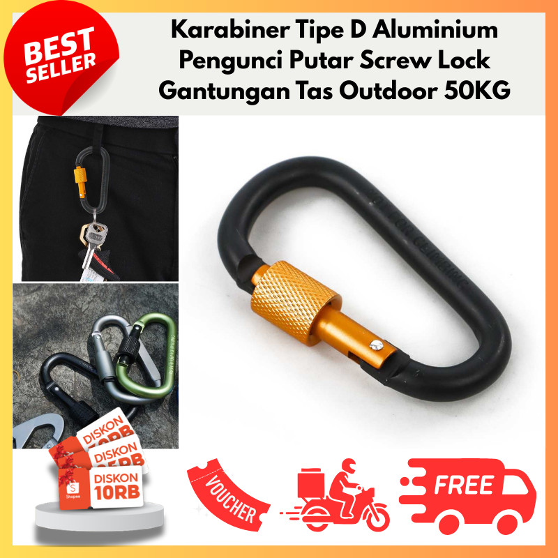 Karabiner Tipe D Aluminium Pengunci Putar Screw Lock Gantungan Tas Outdoor 50KG