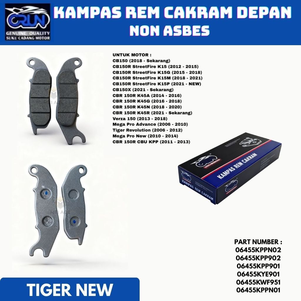 CRUN Kampas Rem Cakram Depan Honda Megapro New Tiger Revo CB150 CB150R CBR150R CB150X Verza Dispad
