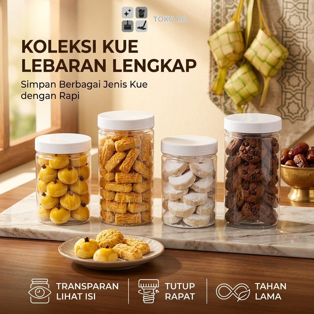 RA Toples Plastik Kue Kering Lebaran Tabung Bening 650ml 900ml Tutup Ulir Kedap Udara