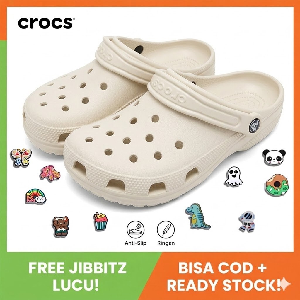 [PROMO] Crocs Classic Clog Bone Original Warna Putih Tulang Sandal Kodok Dewasa Pria Wanita