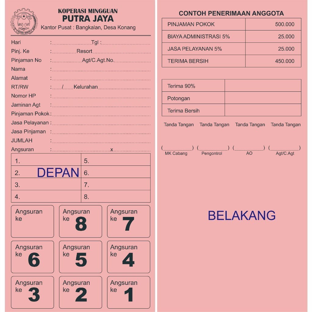 Kartu Angsuran Koperasi / Kartu Pinjaman Koperasi Mingguan Custom