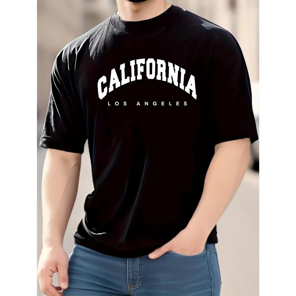 Pria Kasual Trendy California Graphic Print Nyaman Crew Neck Kaos Lengan Pendek, Summer Top Tees kao