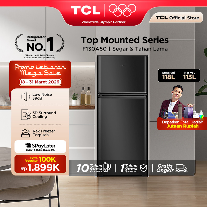 TCL Kulkas 2 Pintu (F130-A50) - Kapasitas 118L - Rak Freezer Terpisah - 3D Surround Cooling - Adjust