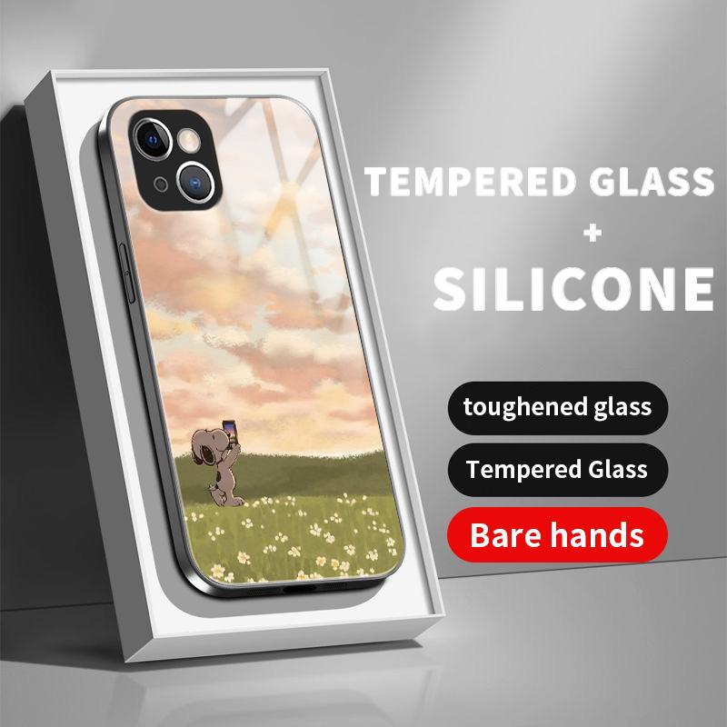 Kaca Glass Case For Iphone 13 11 Pro Max 12 Mini 14 Plus 15 Soft Cartoons Snoopy Silikon Casing