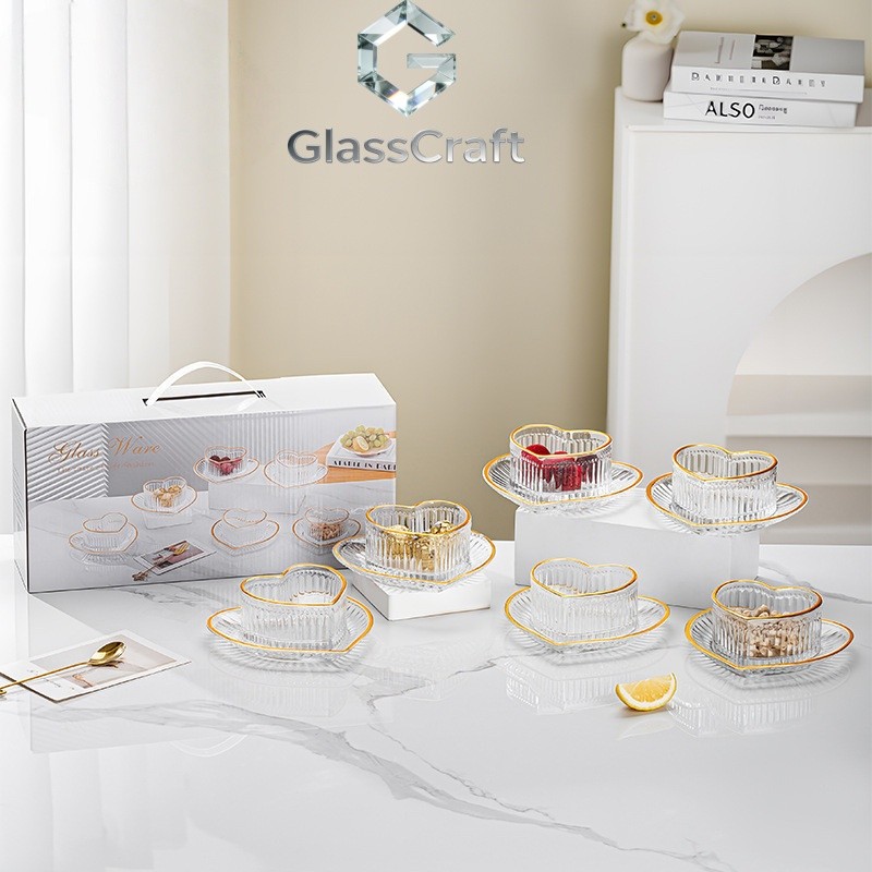 Makan Kaca Love Estetik - Mangkuk & Piring Bentuk Hati Peach Pink - Peralatan Makan Mewah Ala Ins St