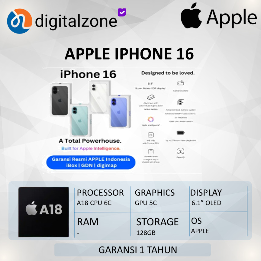APPLE iPhone 16 128GB A18 CPU 6C GPU 5C OLED Resmi iBOX GDN DIGIMAP