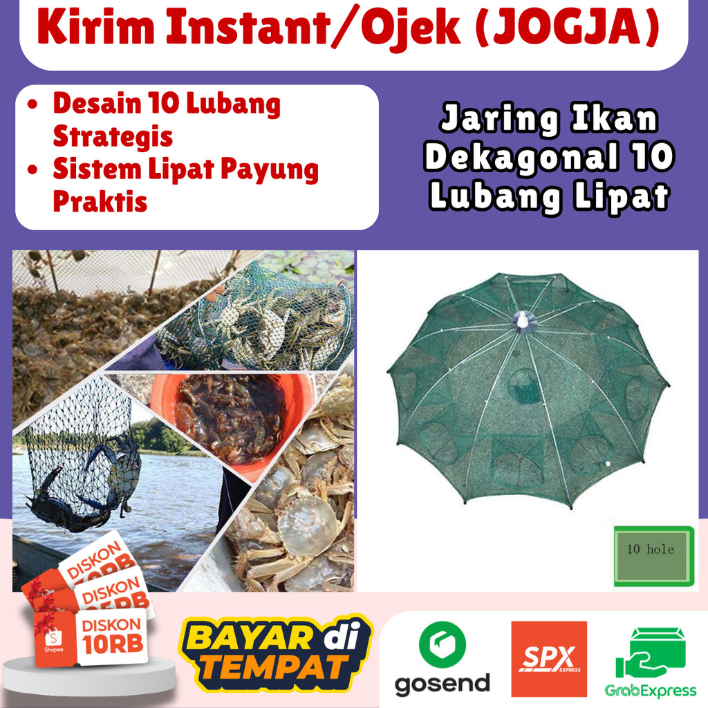 Jaring Ikan Lipat 10 Lubang Jebakan Udang Kepiting Ikan Kecil Bubu Payung