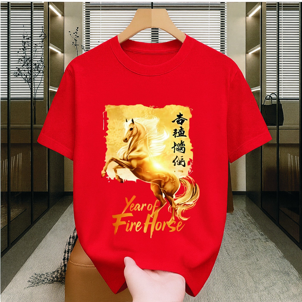 Kaos Wanita Pria Dan Anak Imlek Kuda Api 2026 Crew Neck Kaos Imlek Merah Kaos Pria Dan Wanita Kaos M
