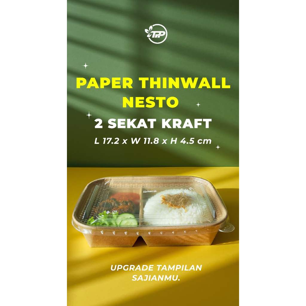 Paper Thinwall Persegi Kraft Sekat 2 1000ml + Tutup (25pcs) - Kotak Makan Kraft, Food Container, Foo