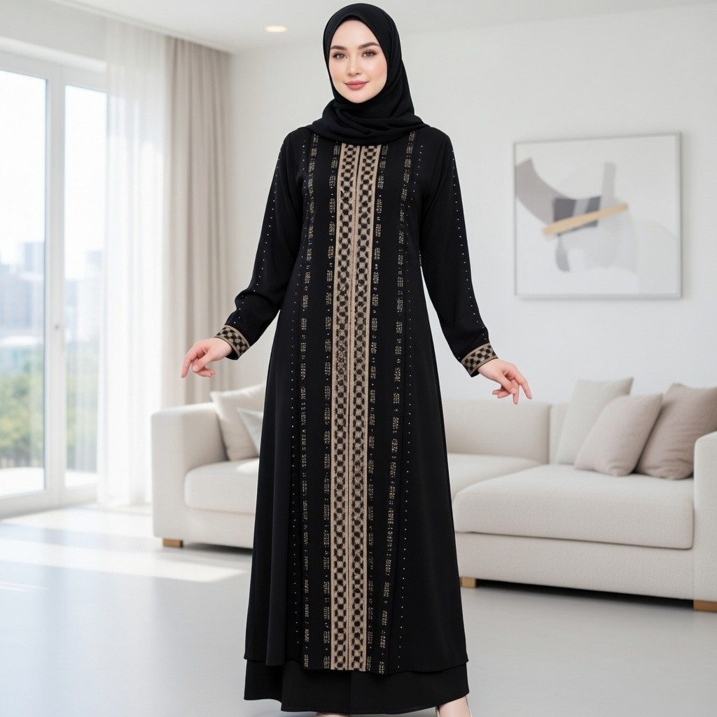 Abaya Gamis Bordir Premium Import Turki Hitam Putih Wanita Muslimah Elegan Mewah Modern Umroh Syari