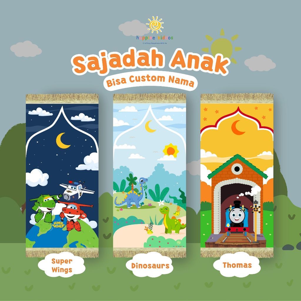 Sajadah Anak Motif Dino Superwings dan Thomas - Gratis Pakai Nama - Sajadah Printing Halus Ada Busa 