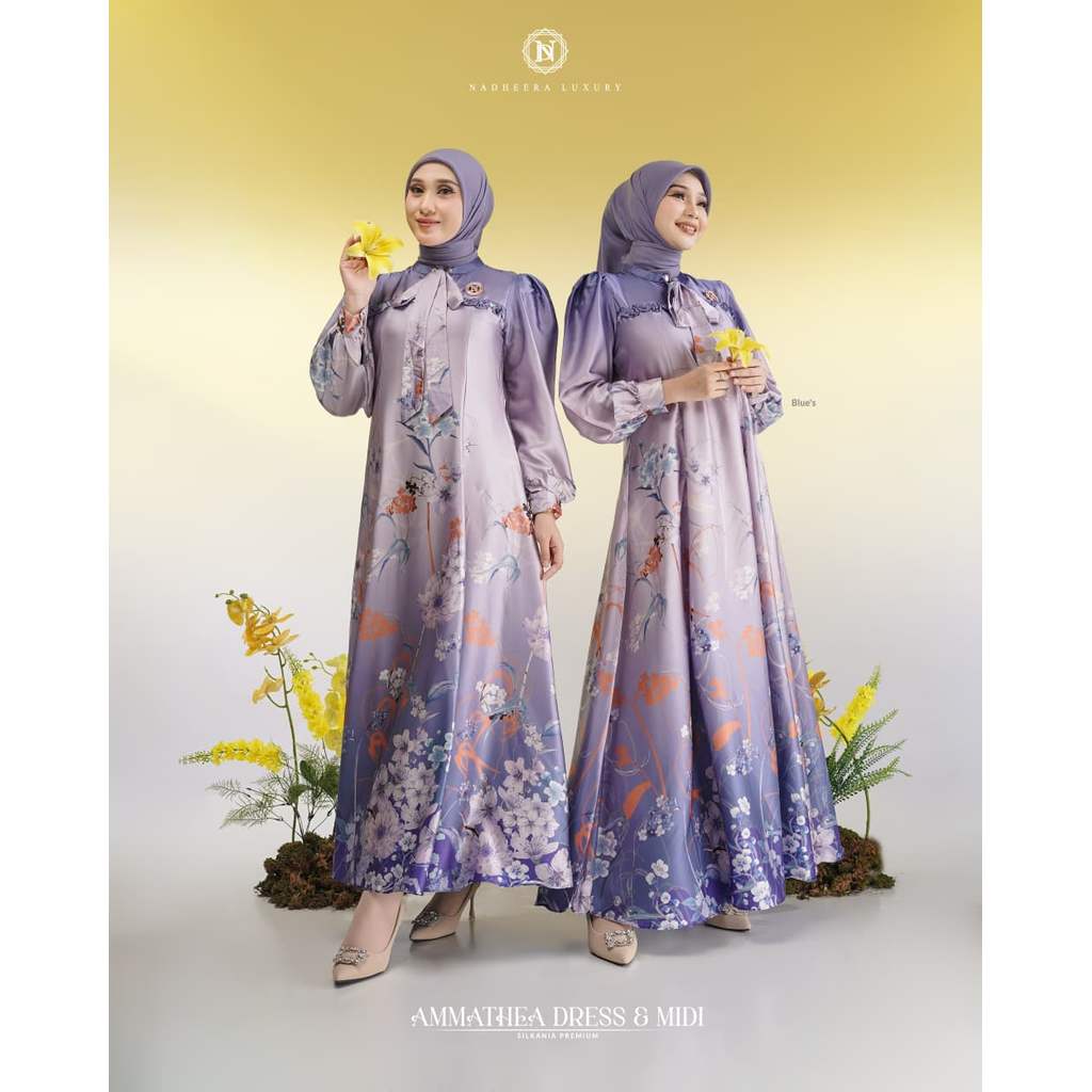 Ammathea dress dan Midi Dress by Nadheera Luxury (gamis silk premium, gamis lebaran)