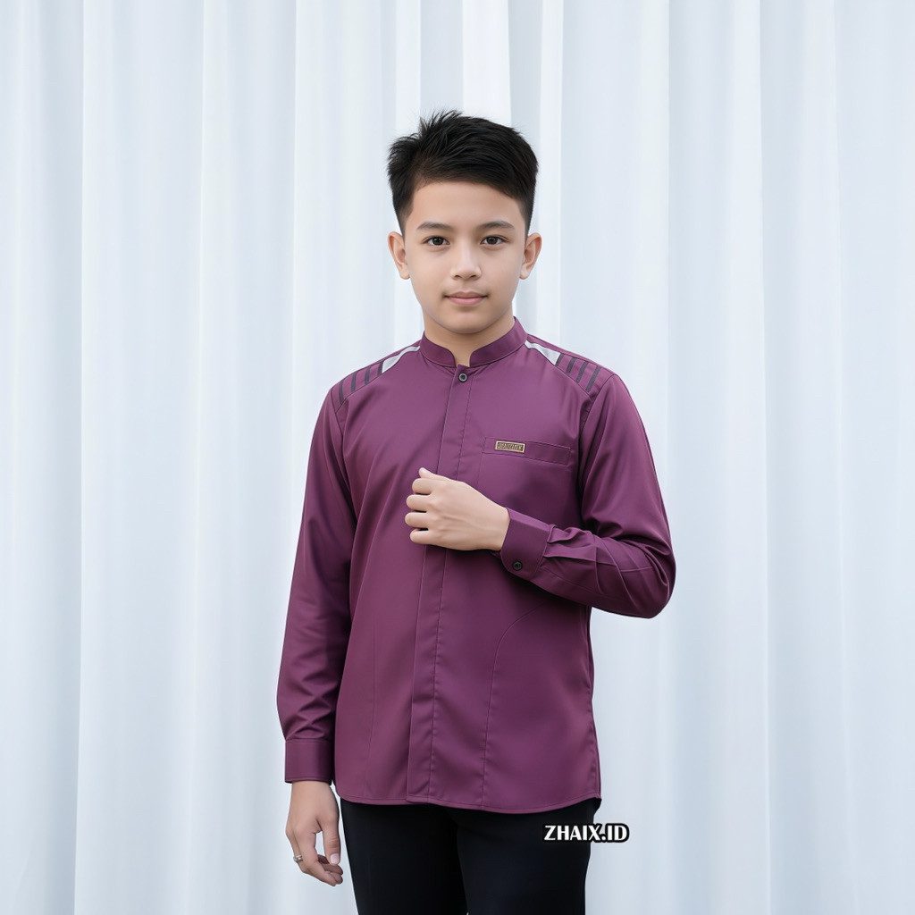 GUNSHOP Baju Kemeja Koko Muslim Anak Laki Laki Lengan Panjang Bahan Katun Motif Polos Al Qorni