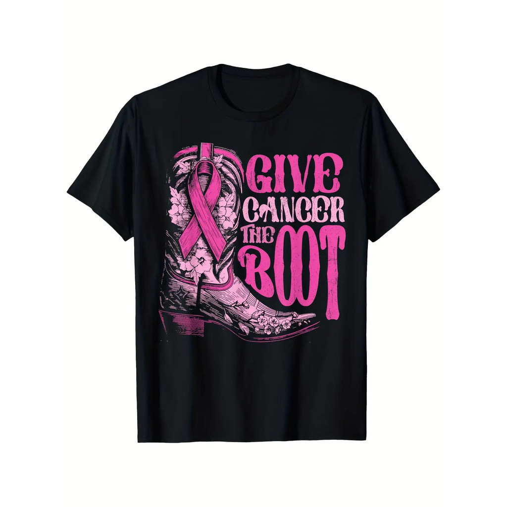 Beri Kanker Sepatu Boot Pita Merah Muda & Sepatu Boot Koboi Kaos Kesadaran Kanker Payudara - Leher B