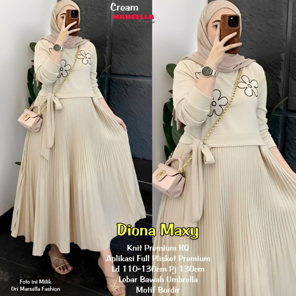 Diona Maxy Dress Gamis Plisket Polos Kombinasi Bunga Tebal Stretch