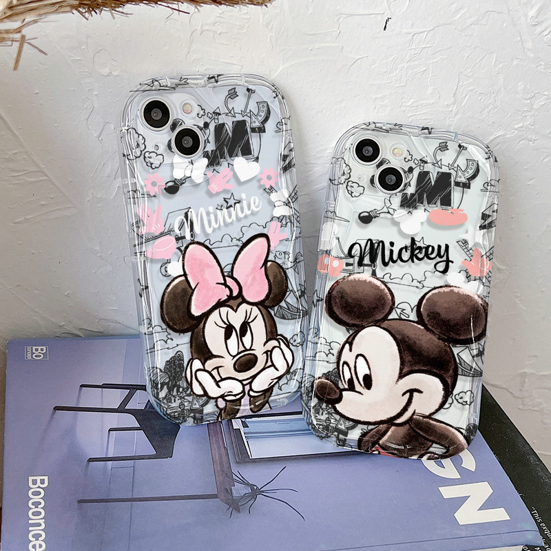 Transparan Gelombang Casing Motif Pasangan Mickey Untuk iPhone 15 14 13 12 11 Pro X XR Xs Max 6 6s 7