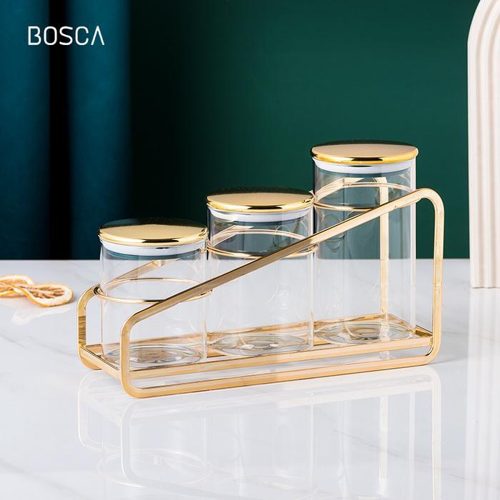 Bosca Living - Dellion Set Snack Rack / Satu Set Toples Kaca Tutup Gold dengan Rak Gold Mewah / Jar 