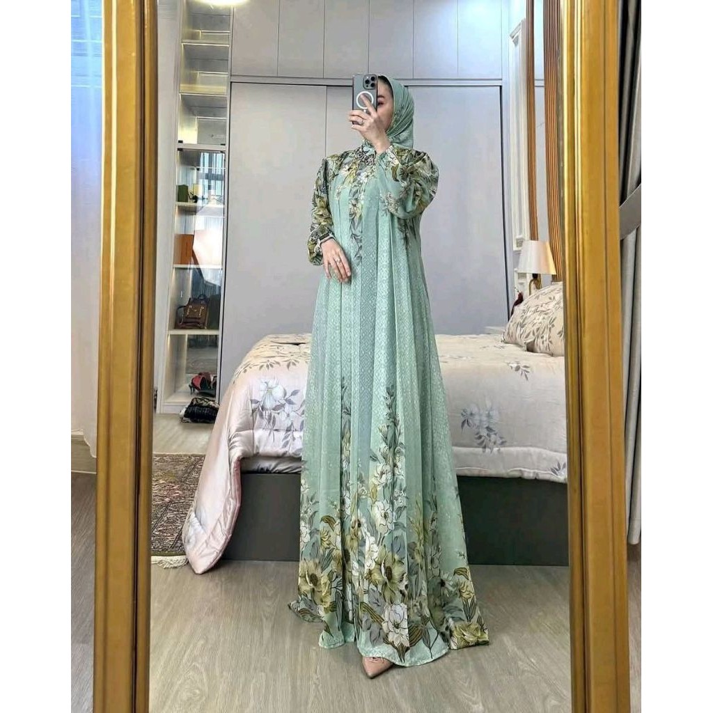 TERLARIS Gamis Set Hijab JUMBO Bunga Rayon Premium BAJU GAMIS LEBARAN BAJU KONDANGAN Ddu