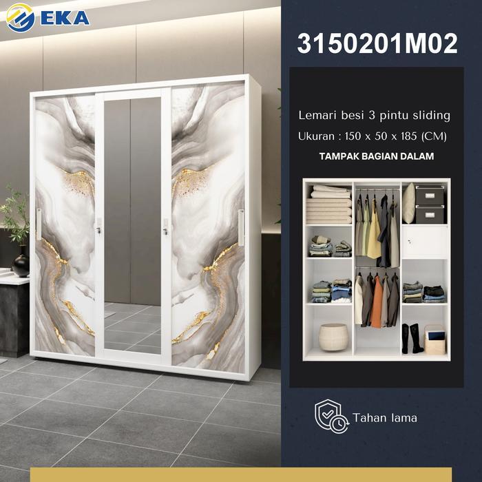 PROMO GASPOLL EKA Lemari Pakaian Besi Sliding 3 Pintu 150cm 2 Batang Rak Baju Cermin Minimalis Lemar
