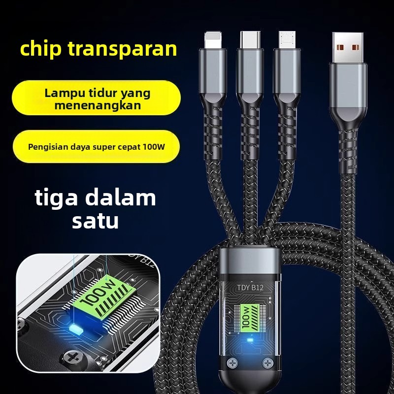 Kabel Data Pengisian Super Cepat 100W 3-in-1 Chip Visual Kabel Pengisian Tiga Kepala untuk Ponsel da