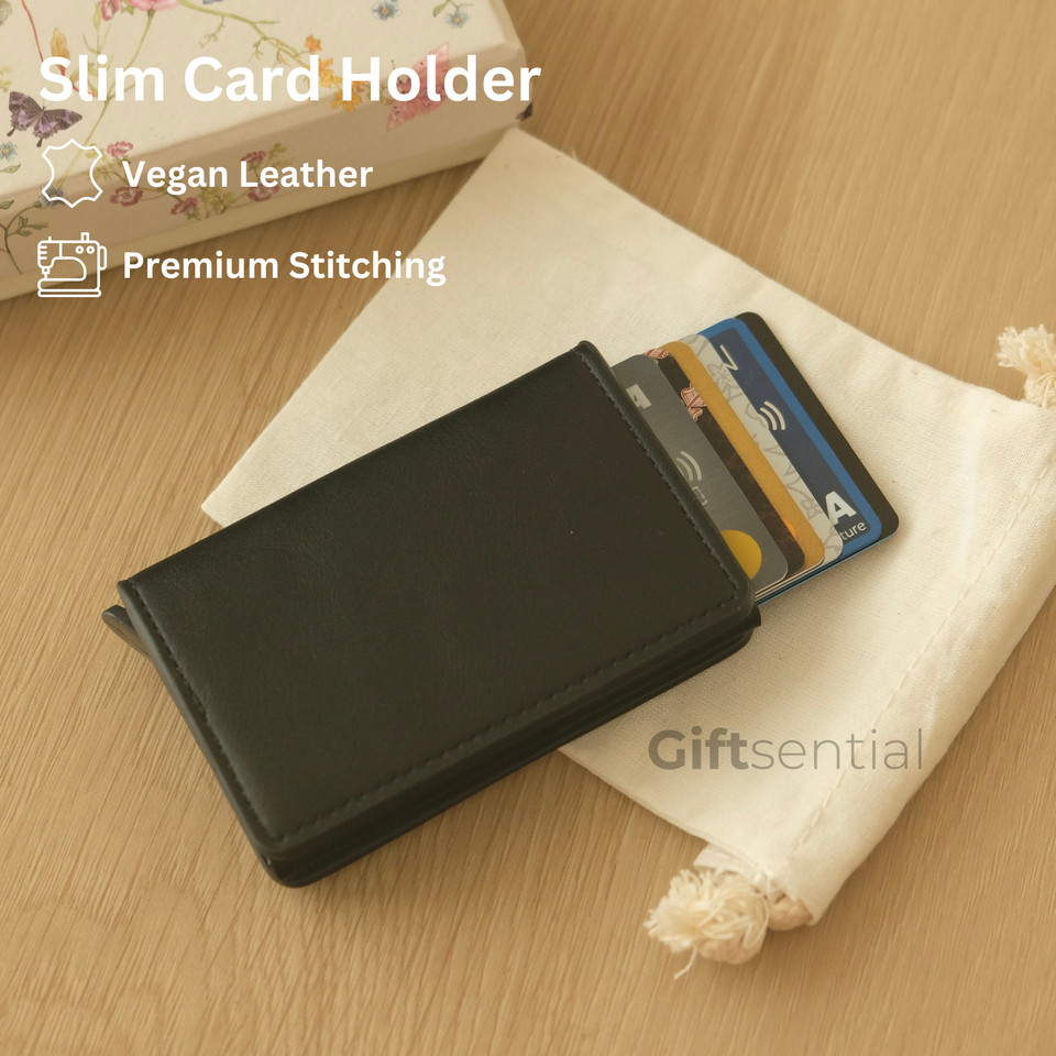Giftsential Slim Card Holder - Free Custom Nama Dompet Kartu Kulit Vegan Aluminium Pop Up Anti RFID