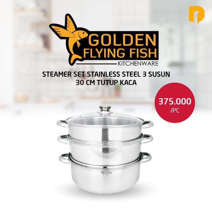 Steamer / panci kukus 3 susun stainless steal golden flying fish - tutup kaca, 30 cm
