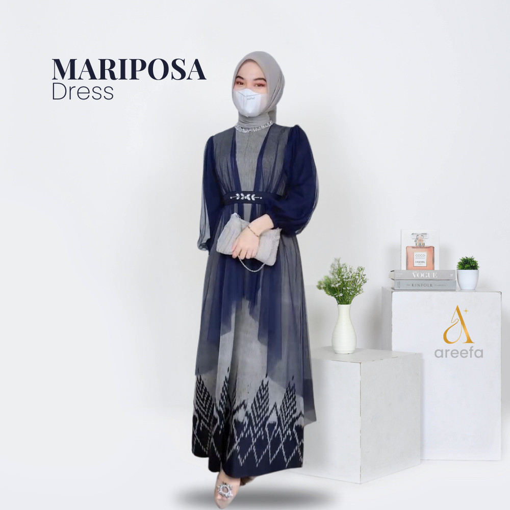 Areefa - Gamis Dress Tenun Etnik Kombinasi Tile Premium Wanita Remaja Pesta Mewah Elegan Abu Navy/Te