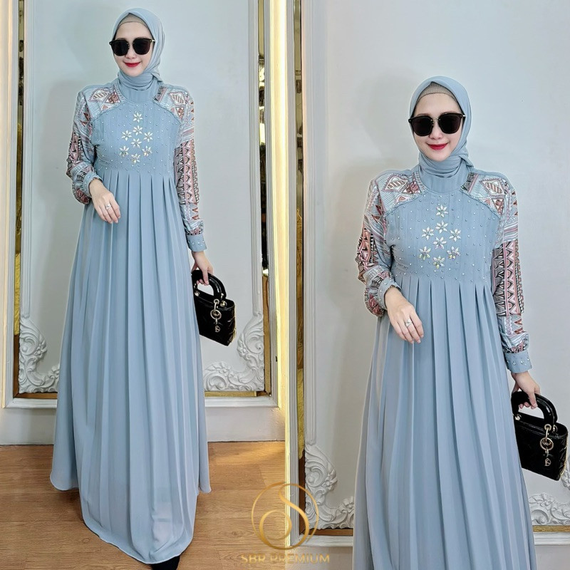 Deleena dress set hijab/gamis lebaran/mewah/payet/pink/sage/birumuda/blue/coksu/hitam/kondangan