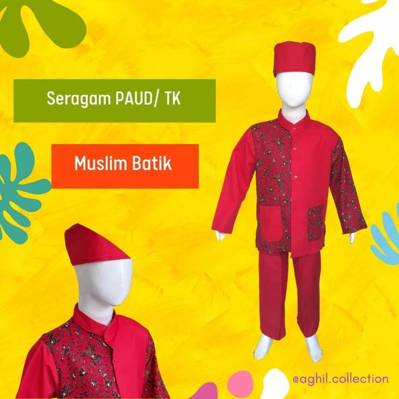DEVIY BERKAH STORE SERAGAM TK/PAUD MUSLIM BATIK BAJU TK/PAUD MUSLIM BATIK MERAH