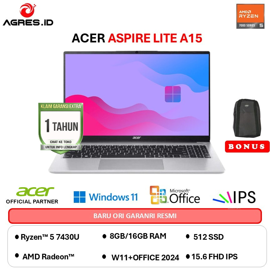 ACER ASPIRE LITE AL15 AMD RYZEN 5 7430U - RAM 16GB 512GB W11+OHS 15.6 FHD IPS - 42P.R50P